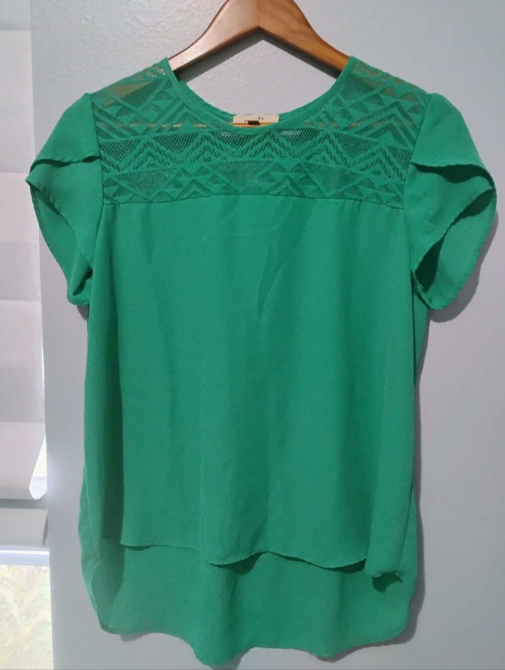 meraki Emerald Green Lace Yoke Short Sleeve Blouse